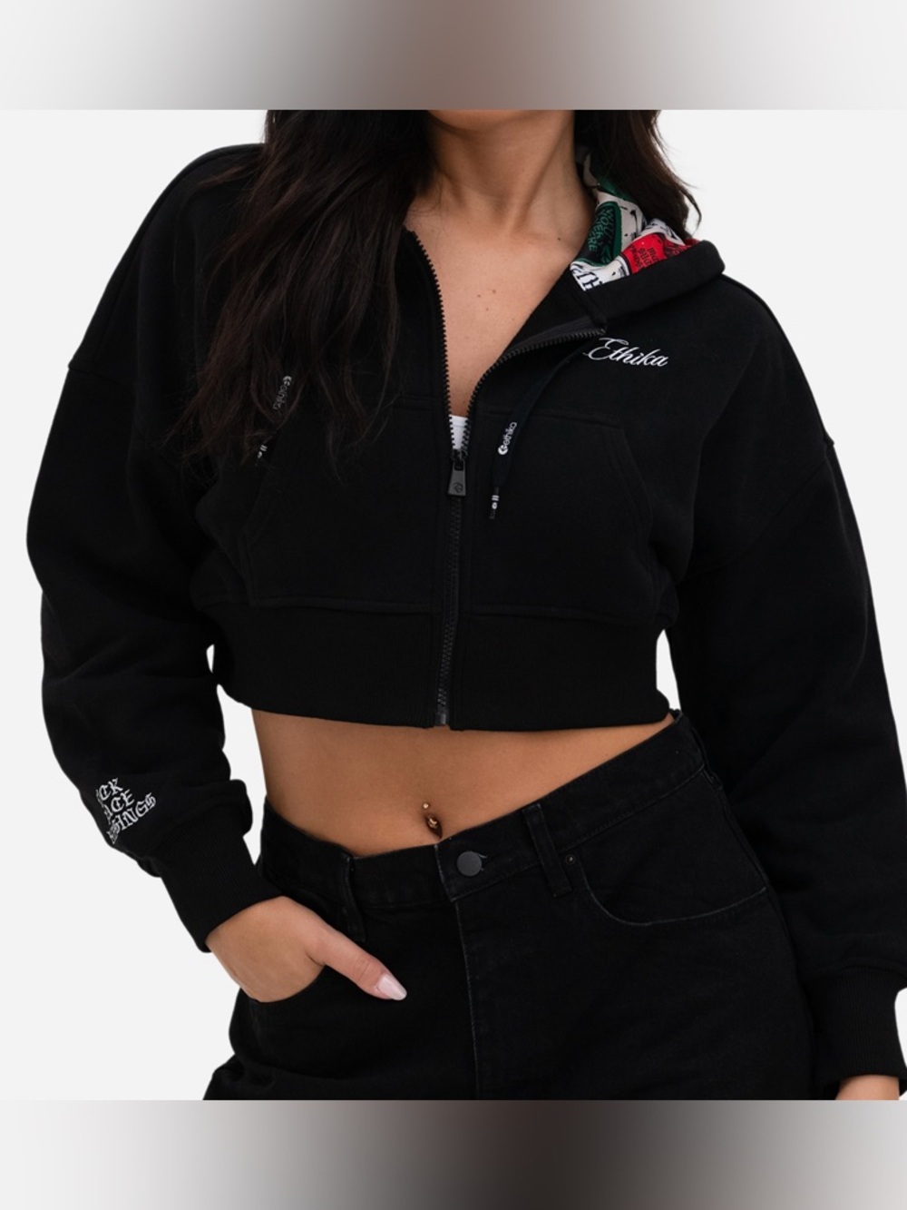 ethika Black Cropped Zip Hoodie with Subtle Logo